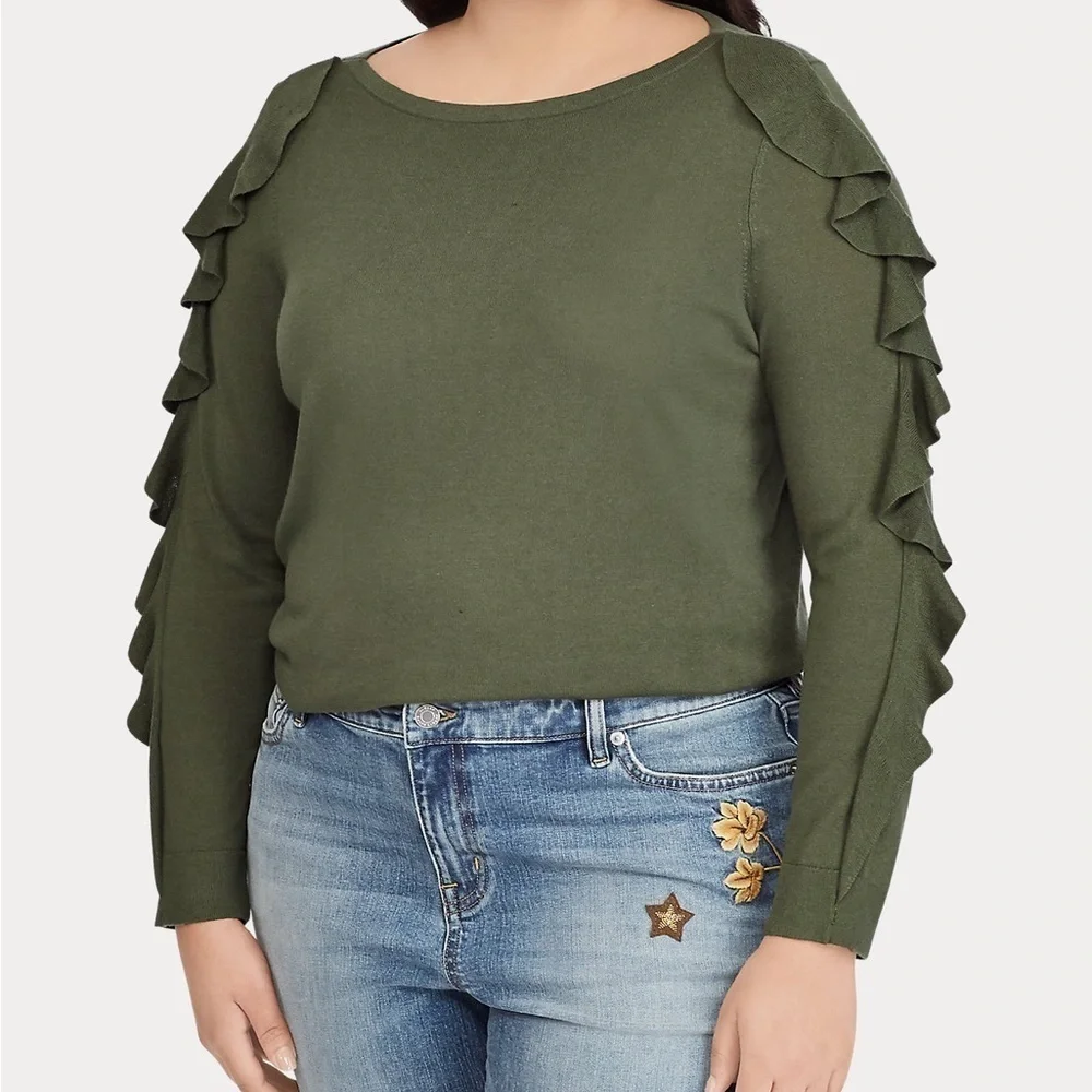 Lauren Ralph Lauren Ruffled Silk-Blend Sweater Admiral Green Women’s 1X - Picture 1 of 13